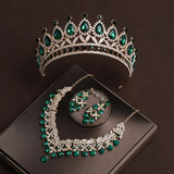 Lianfudai Bridal Headwear Crown Necklace Earrings Four Piece Set of Green Colour Women's Exquisite Party Tiaras