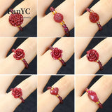 Lianfudai Natural Vermilion Garnet Beaded Rose Ring Purple Gold Sand Love Buddha Head Ring Fashion Jewelry Gift for Women