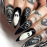 Lianfudai 24Pcs/set Halloween Ghost Press-on Nails Cobweb Pattern Teardrop Full Cover Nail Tips for Women & Girls Party False Nail Art