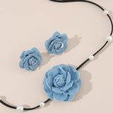 Lianfudai Flower Lace-up Choker Necklace with Earrings Denim Camellia-Bead Clavicle Chain  Dropship