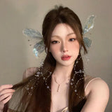 Lianfudai Decorative Hair Barrettes Elegant Butterfly Fairy Ear Headwear Fashion Hairpins for Women Girls Crystal Fringe Hair Clip