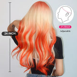 Lianfudai Orange Blonde Ombre Long Wavy Synthetic Wigs with Bangs Party Cosplay Wig for Women Natural Fake Hair Heat Resistant