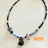 Lianfudai New Style Personalized Fashion String Black And White Beads Spotted Puppy Pendant Necklace Cat Choker For Ladies Gift Jewelry