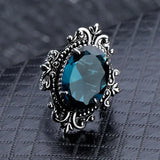 Lianfudai Carved Pattern Vintage Women Rings with Oval Blue CZ Stone Retro Female Rings for Party Chic Anniversary Gift New Jewelry