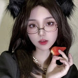 Lianfudai Y2K Half Frames Glasses Women Vintage Metal Oval No Lens Optical Spectacles Anti-blue Cosplay Harajuku Photography Eyewear