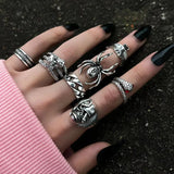 Lianfudai New Tide Individuality Retro Geometric Hollowing Inlay Gem Rings SetLiquid State Metal Four-Piece Rings Set Paty Jewelry