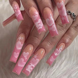 Lianfudai 24Pcs Marble Gradient Long Coffin False Nails Full Cover Nail Tips Press Glue Detachable Wearable Gold Foil Ballerina Fake Nails