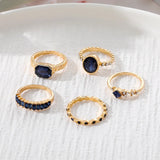 Lianfudai New Fashion Trend Unique Design Light Luxury Retro Blue Crystal Ring 5 Pieces Ring Female Jewelry Party Premium Gift Wholesale