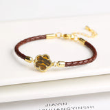 Lianfudai Classic Genuine Leather Woven Natural Stone Five Leaf Flower Charm Bracelet Fashion for Women Girls Party Wedding Jewelry Gift