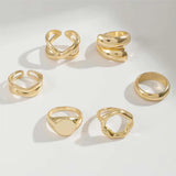 Lianfudai 6Pcs/Set Gold Color Smooth Geometric Open Rings Set For Women Exaggerated Metal Irregular Thick Chunky Ring Jewelry Gift