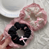 Lianfudai 1/2Pcs Sweet Bowknot Hair Scrunchies Soft Cloth Pink Lace Edge High Elastic Y2K Women Ponytail Holder Hair Ring Girls Headwear