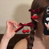 Lianfudai Cherry Red Bow Velvet Texture Elegant Hair Clip Fashionable Versatile Edge Hairpin Sweet Cool Headwear Girl Hair Accessories