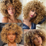 Lianfudai Short Curly Blonde Wig Synthetic Afro Kinky Curly Wig With Bangs For Black Women Natural Ombre Blonde Cosplay Wig