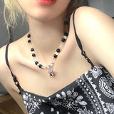 Lianfudai Gothic Vintage Y2K Red Glass Heart Star Cross Pendant Pearl Bead Necklace For Women Men Aesthetic 90s Grunge Accessories Jewelry