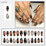 Lianfudai 24pcs Dark Black Fake Nails Halloween Theme False Nail Patches Orange Flower Ghost Printed Press On Nails Detachable Manicure