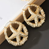 Lianfudai Big Large Bamboo Circle Hoop Earring for Women Gold Color Starfish Statement Brincos Boho Jewelry Party Gift