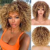 Lianfudai Short Curly Blonde Wig Synthetic Afro Kinky Curly Wig With Bangs For Black Women Natural Ombre Blonde Cosplay Wig