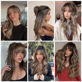 Lianfudai  Brown Highlight Long Wave Wigs for Women Synthetic Wig with Bangs Ombre Mixed Color Natural Looking Hair for Daily
