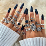 Lianfudai Gothic Silver Color Rings Set for Women Men Vintage Halloween Cross Skeleton Snake Playing Cards Fashion Jewelry Gifts