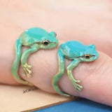 Lianfudai Mini Green Tree Frog Ring Frog Open Rings for Women Men Metal Cute Animal Adjustable Finger Ring Jewelry Birthday Party Gift New