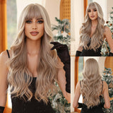 Lianfudai Orange Blonde Ombre Long Wavy Synthetic Wigs with Bangs Party Cosplay Wig for Women Natural Fake Hair Heat Resistant