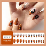 Lianfudai 24pcs Halloween Funny Spider Fake Nails Press On Nails Full Cover Orange Edge French False Nails Short Almond Shaped Nail Tips