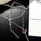 Lianfudai Double Layer Red Zircon Rose Pendant Necklaces Y2K Layered Flower Stone Chain Necklace Irregular Floral Aesthetic Jewelry Gifts