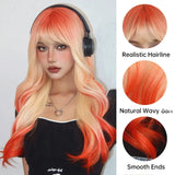 Lianfudai Orange Blonde Ombre Long Wavy Synthetic Wigs with Bangs Party Cosplay Wig for Women Natural Fake Hair Heat Resistant