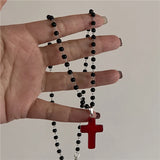 Lianfudai Gothic Vintage Red Glass Cross Pendant Black Bead Rope Chain Necklace For Women Men Y2K Aesthetic EMO Grunge Jewelry Accessories