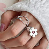 Lianfudai Foxanry Minimalist Flower Rings for Women Couples Korean Cute Fashion Creative Chain Tassel Geometric Handmade Party Jewelry