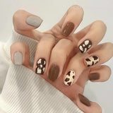 Lianfudai 24pcs Brown Leopard Finished Scrub Fake Nails Art Reusable Full Cover Artificial Press On False Nails Women Nail Art Decoration