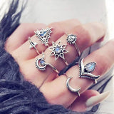 Lianfudai Fashion Cutout Moon Snake Vintage Turquoise Charm Ring New Jewelry for Party Trendy Flower Crystal Geometric Set Rings for Women