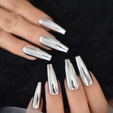 Lianfudai Silver Coffin Fake Nails Long Ballet Metallic False Nail Tips Solid Color Mirror Press On Nails Art Manicure At Home Salon Tools