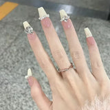 Lianfudai 24Pcs Pink Ballet Fake Nails Full Cover Nail Tips Long Ballet False Nails with Rhinestone Chain Design Wearable Press on Nails