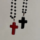 Lianfudai Gothic Vintage Red Glass Cross Pendant Black Bead Rope Chain Necklace For Women Men Y2K Aesthetic EMO Grunge Jewelry Accessories