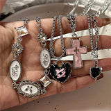 Lianfudai Gothic Punk Fashion Charm Cute Pink Large Cross Pendants Choker Chains Necklace Women Y2K 2000s EMO Grunge Accessories Jewelry