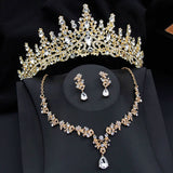 Lianfudai Luxury Silver Color Opal Water Drop Crown Bridal Jewelry Sets Rhinestone Tiaras and Necklace Earrings Wedding Dress Jewelry Set