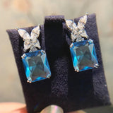 Lianfudai Exquisite Flower Square Blue Cubic Zircon Drop Earring for Women Novel Charms Piercing Accessories Wedding Party Jewelry