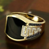 Lianfudai Classic Men's Ring Fashion Metal Gold Color Inlaid Black Stone Zircon Punk Rings for Men Engagement Wedding Luxury Jewelry