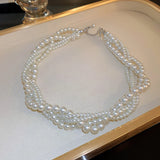 Lianfudai Korean Style Twining Pearl Choker Necklaces for Women Geometric Necklaces Weddings Bride Jewelry Accessories