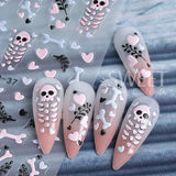 Lianfudai Cartoon Skull Halloween Nail Art Stickers Pink Bones Ghost Cat Moon Tree Owl Stripes Lines Winter Christmas Manicure Decoration