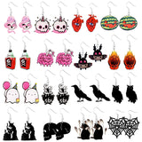 Lianfudai Halloween Earrings Cute Cartoon Cat Crow UFO Bat Design Dangle Earrings Acrylic Jewelry Versatile Accessories