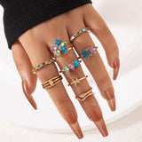 Lianfudai Colorful Crystal Snake Shape Ring Set For Women Fashion Butterfly Heart Gold Color Geometric Rings Female Wedding Finger Jewelry