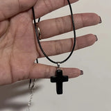 Lianfudai Gothic Vintage Red Glass Cross Pendant Black Bead Rope Chain Necklace For Women Men Y2K Aesthetic EMO Grunge Jewelry Accessories