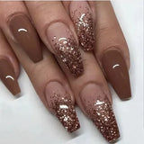 Lianfudai 24pcs removeable false nails with glue Gradient Shinny brown coffin glitter Ballet press on nails long full cover fake nails tip
