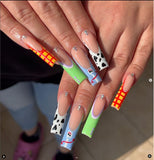 Lianfudai 24Pcs French False Nails Long Ballet Fake Nails with Cow Pattern Design Wearable Square Press on Nail Finished Nail Tip Manicure