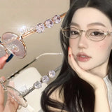 Lianfudai Women's Punk Retro Silver Anti Blue Light Eyewear Rhinestone Stainless Steel Oval Frame Glasses Girl Reading Seaside Spectacles