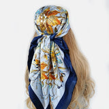 Lianfudai 90*90cm Hair Scarf Women Fashion Designer Beautiful Flowers Foulard Soft Satin Shawl Kerchief Square Silk Scarfs Neck Headscarf