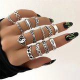 Lianfudai 21pcs/set Punk Gothic Butterfly Snake Heart Rings Set For Women Men Vintage Silver Plated Geometric Finger Rings Party Jewelry