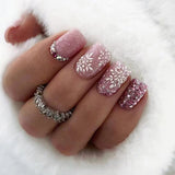 Lianfudai 24Pcs Glitter Short Square False Nails with Snowflake Designs Wearable Ballet Fake Nail Tips with Rhinestone Press on Nails